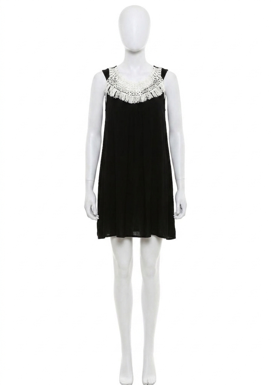 NEW VELZERA crochet fringe mini dress in black